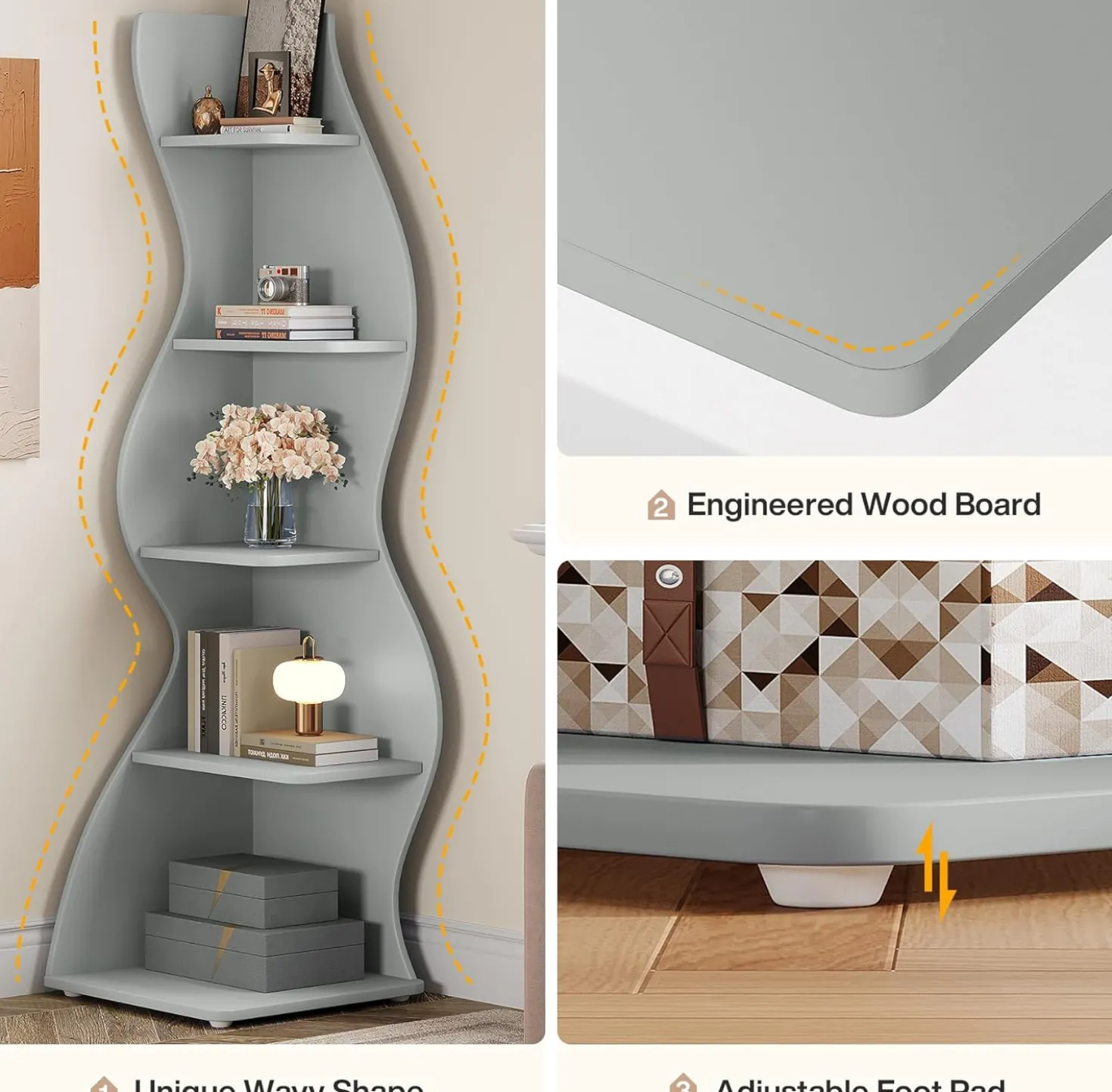 Tribesigns Wavy Corner Shelf, Modern 5-Tier Curved Bookshelf for Small Spaces