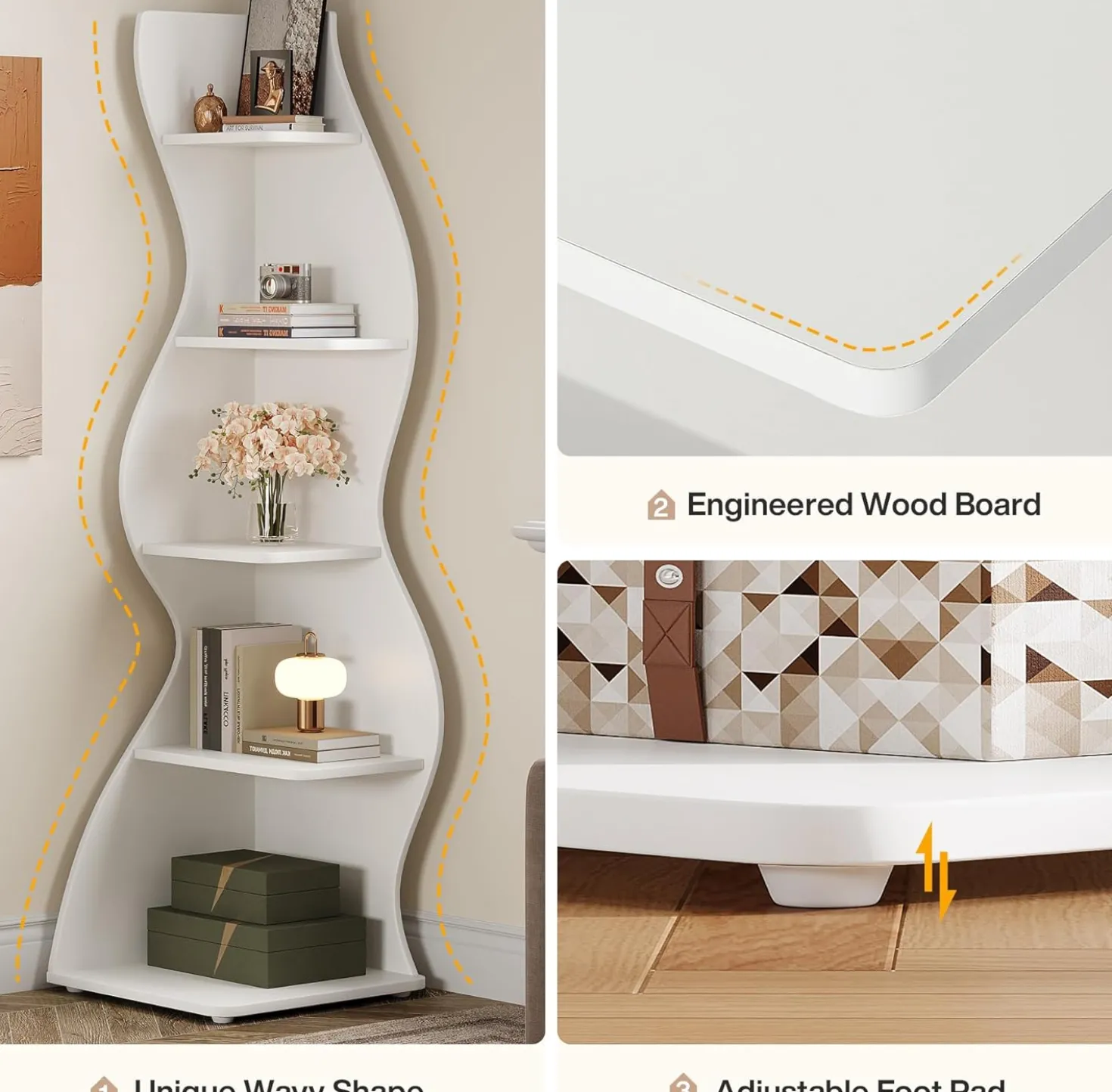 Tribesigns Wavy Corner Shelf, Modern 5-Tier Curved Bookshelf for Small Spaces