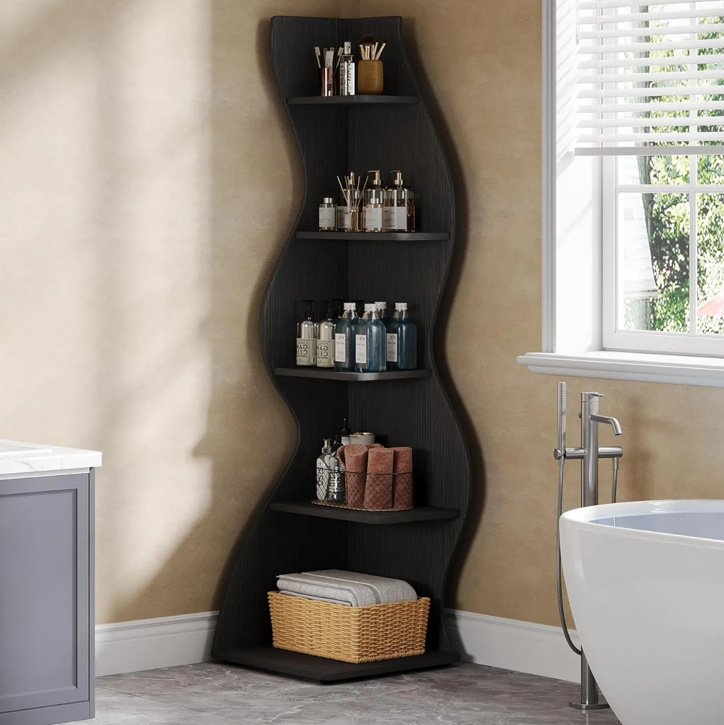 Tribesigns Wavy Corner Shelf, Modern 5-Tier Curved Bookshelf for Small Spaces