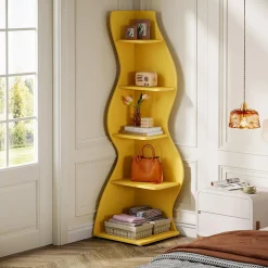 Tribesigns Wavy Corner Shelf, Modern 5-Tier Curved Bookshelf for Small Spaces