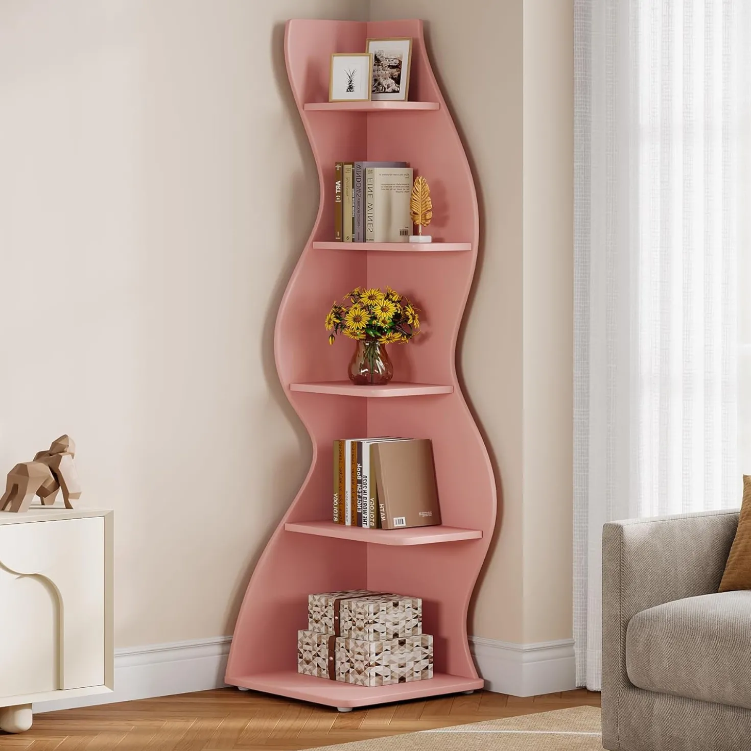 Tribesigns Wavy Corner Shelf, Modern 5-Tier Curved Bookshelf for Small Spaces