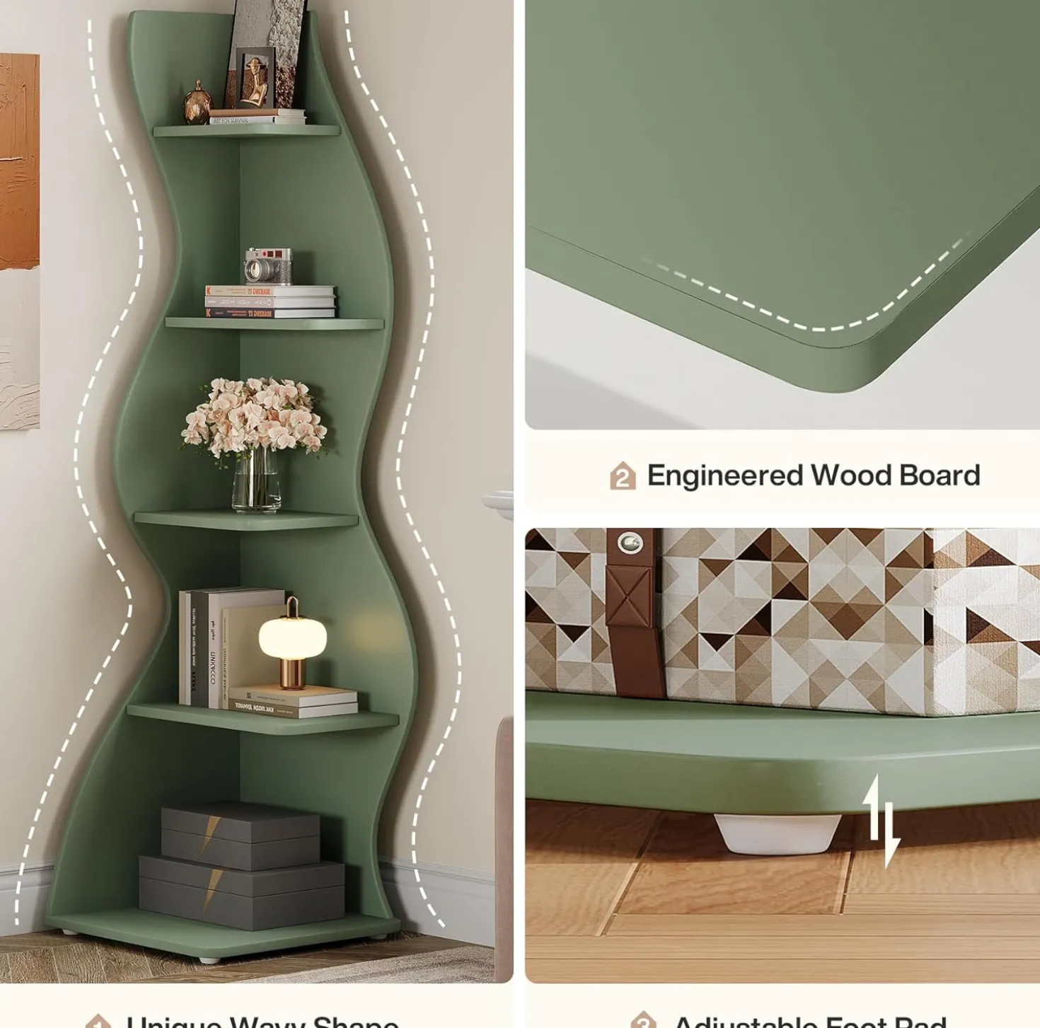 Tribesigns Wavy Corner Shelf, Modern 5-Tier Curved Bookshelf for Small Spaces