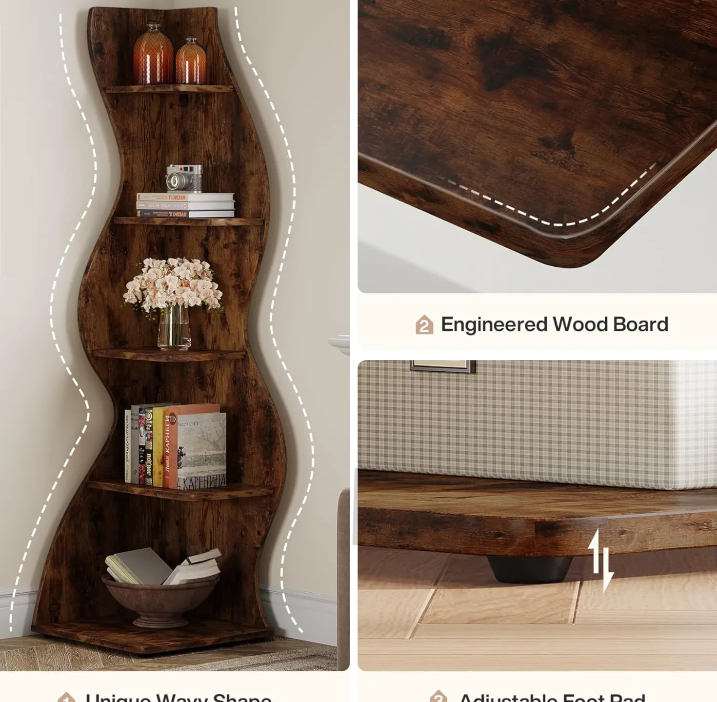 Tribesigns Wavy Corner Shelf, Modern 5-Tier Curved Bookshelf for Small Spaces