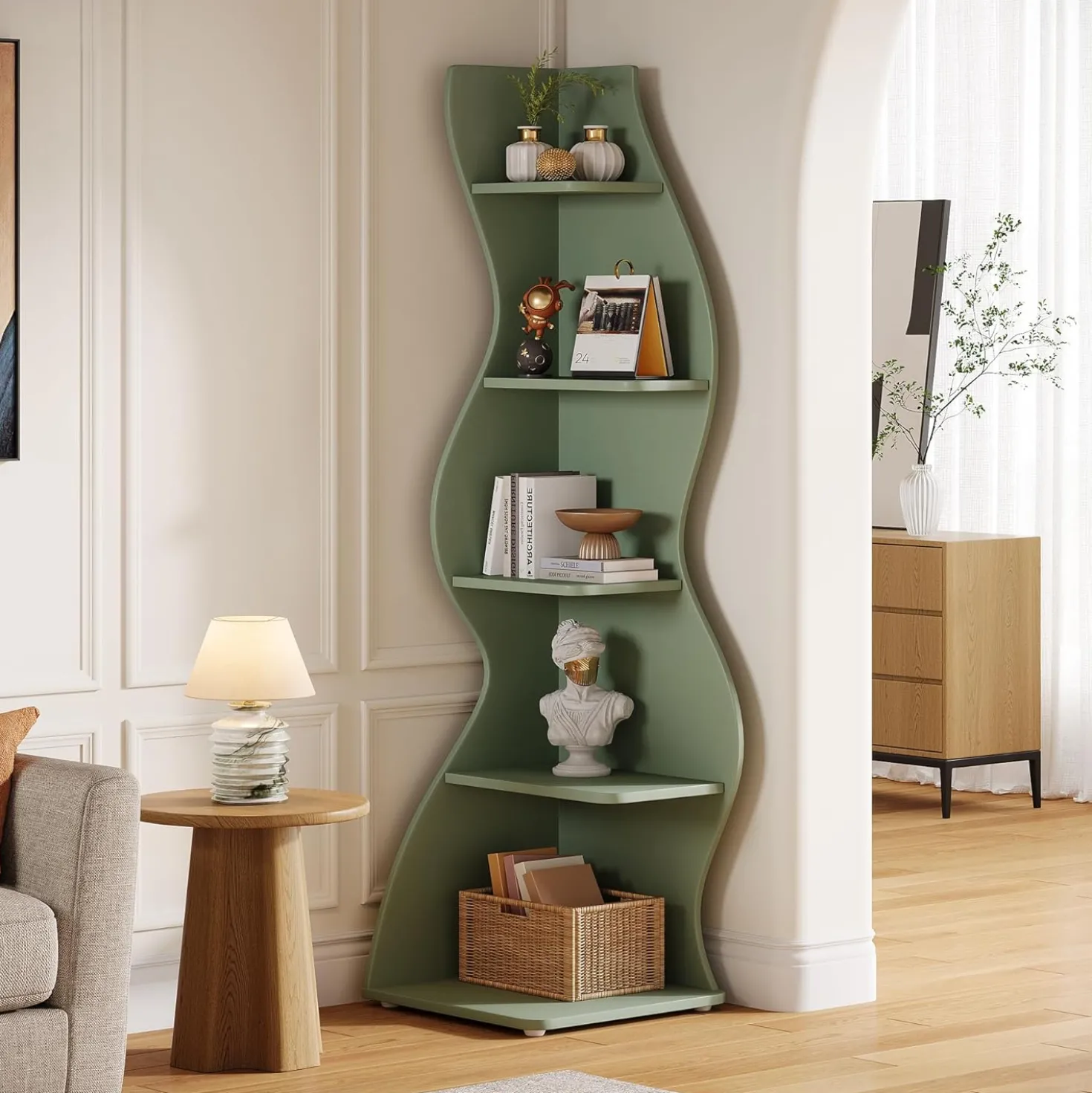 Tribesigns Wavy Corner Shelf, Modern 5-Tier Curved Bookshelf for Small Spaces