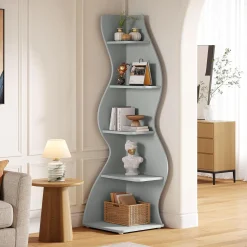 Tribesigns Wavy Corner Shelf, Modern 5-Tier Curved Bookshelf for Small Spaces