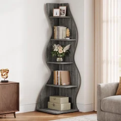 Tribesigns Wavy Corner Shelf, Modern 5-Tier Curved Bookshelf for Small Spaces