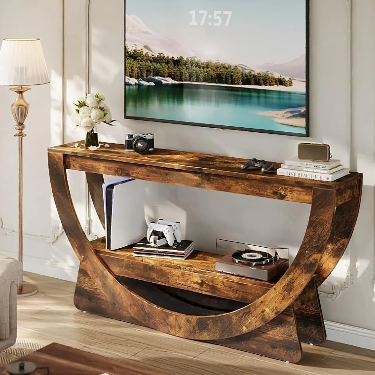 TV Stand for 55-75" TV, Entertainment Center with Open Storage Shelves