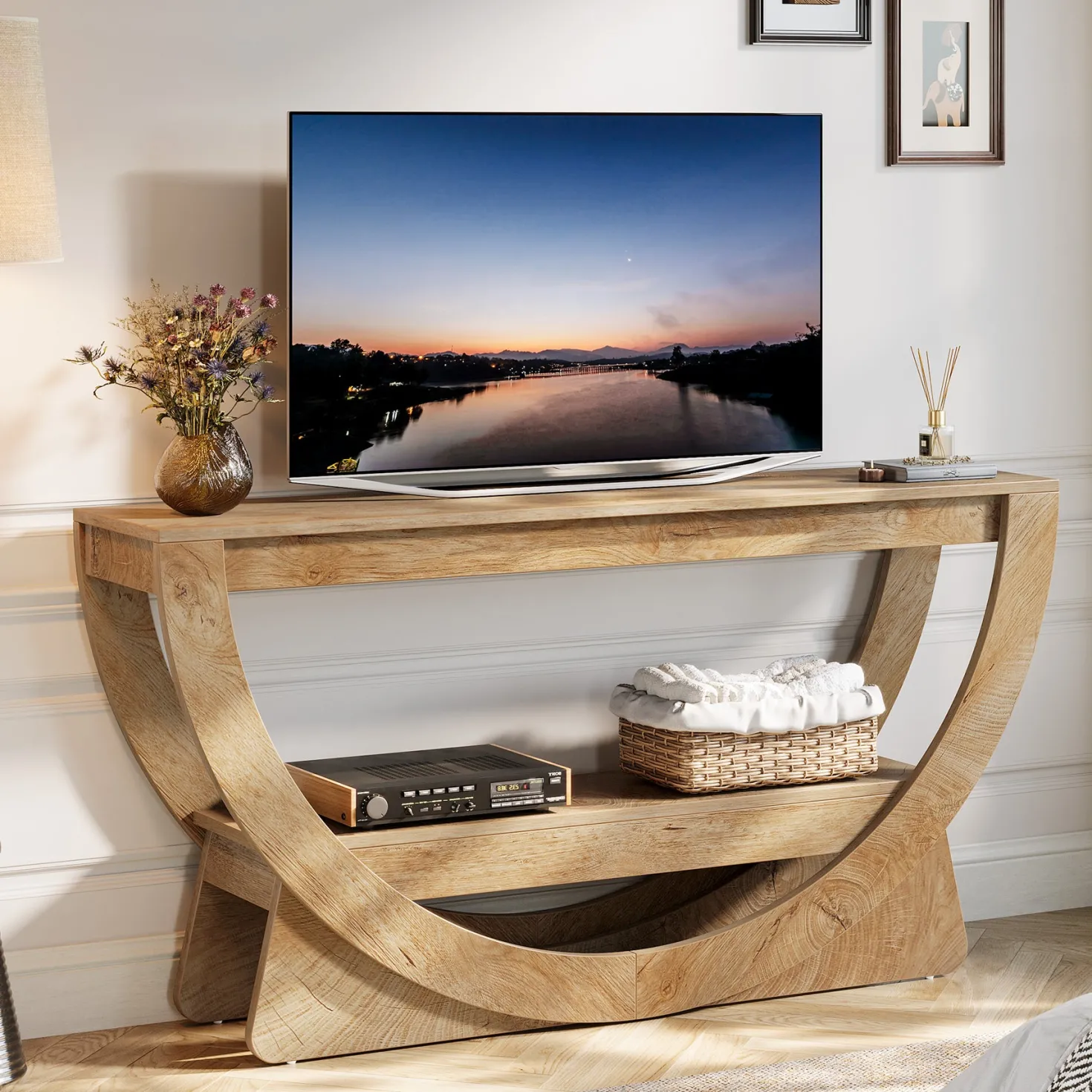 TV Stand for 55-75" TV, Entertainment Center with Open Storage Shelves