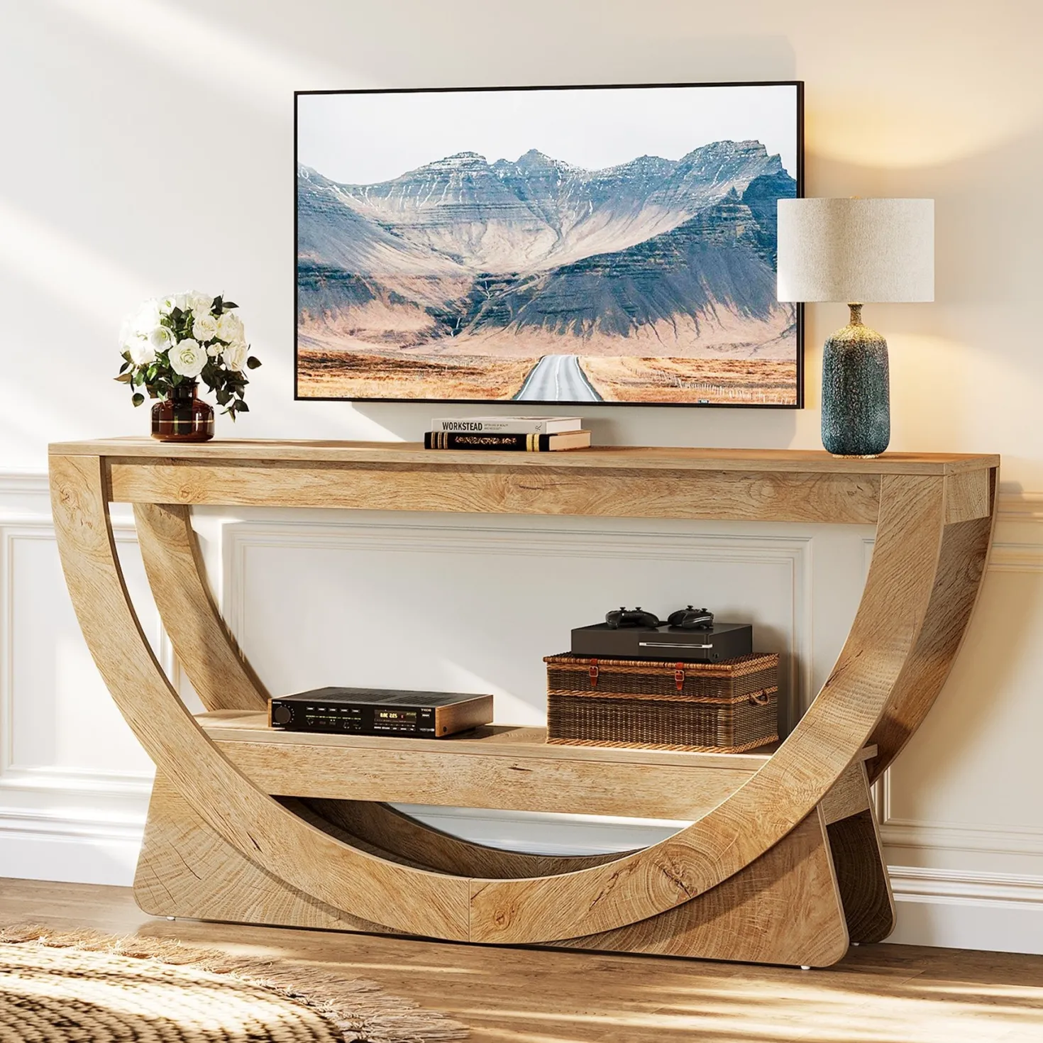 TV Stand for 55-75" TV, Entertainment Center with Open Storage Shelves
