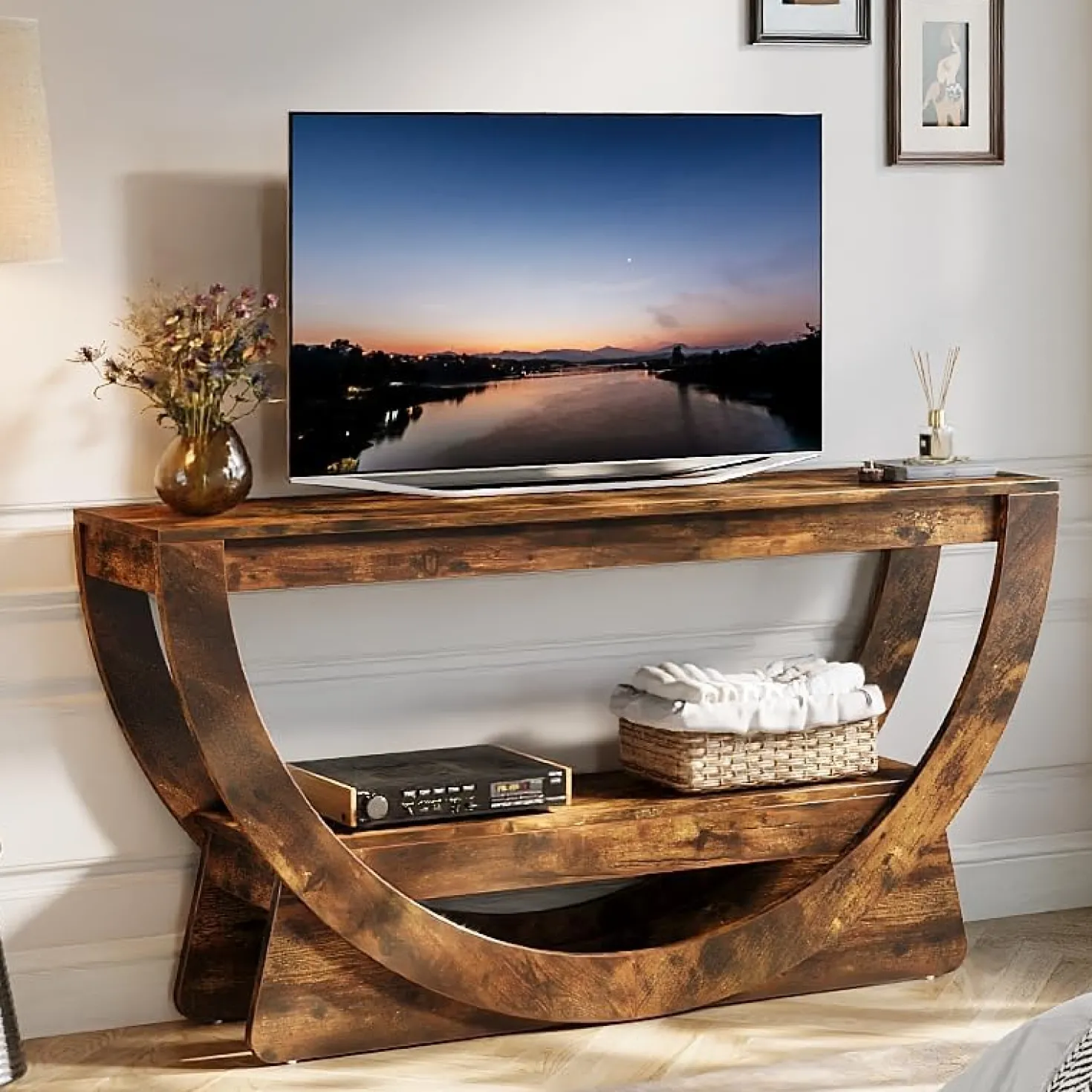 TV Stand for 55-75" TV, Entertainment Center with Open Storage Shelves