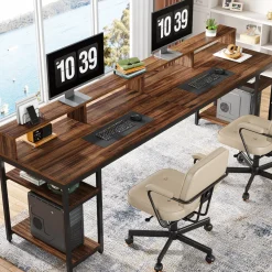 Two Person Desk, 78.7" Computer Desk With Monitor Stand and 4 Open Shelf