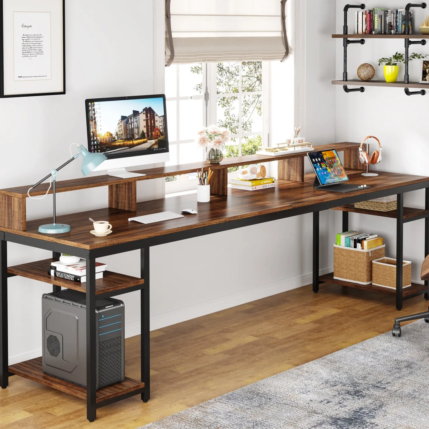 Two Person Desk, 78.7" Computer Desk With Monitor Stand and 4 Open Shelf