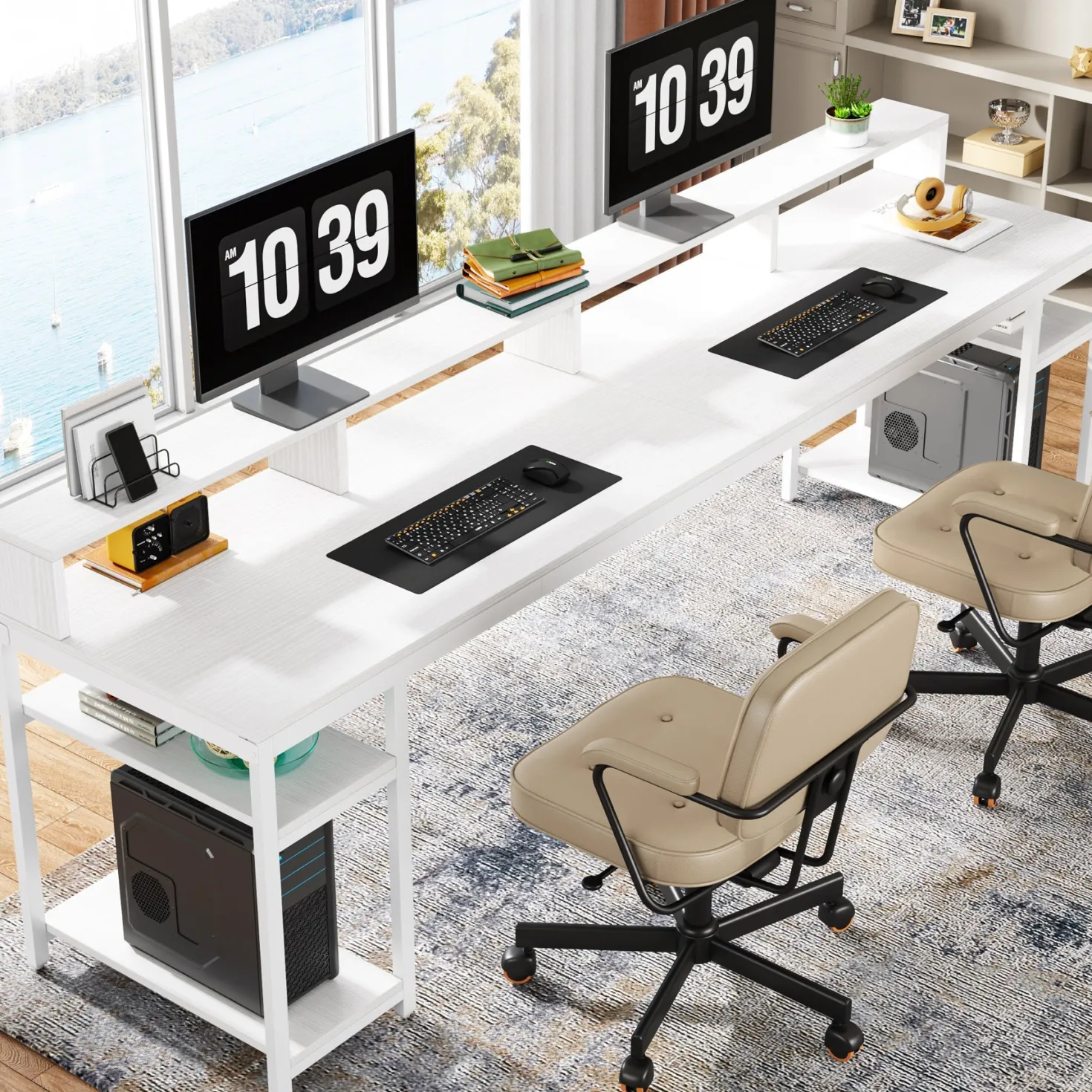 Two Person Desk, 78.7" Computer Desk With Monitor Stand and 4 Open Shelf
