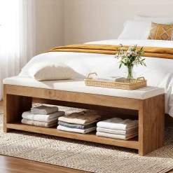 Upholstered End of Bed Bench, 55" Wooden Storage Bench with Shoe Rack