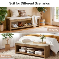 Upholstered End of Bed Bench, 55" Wooden Storage Bench with Shoe Rack