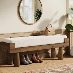 Upholstered Entryway Bench, Shoe Bench End of Bed Footstool with Solid Wood Legs