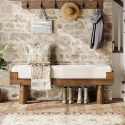 Upholstered Entryway Bench, Shoe Bench End of Bed Footstool with Solid Wood Legs