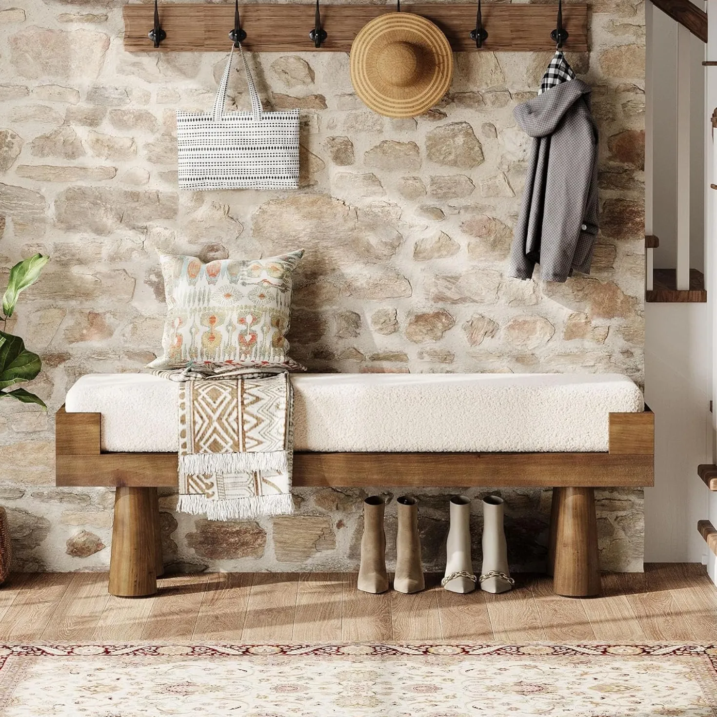Upholstered Entryway Bench, Shoe Bench End of Bed Footstool with Solid Wood Legs