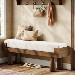 Upholstered Entryway Bench, Shoe Bench End of Bed Footstool with Solid Wood Legs