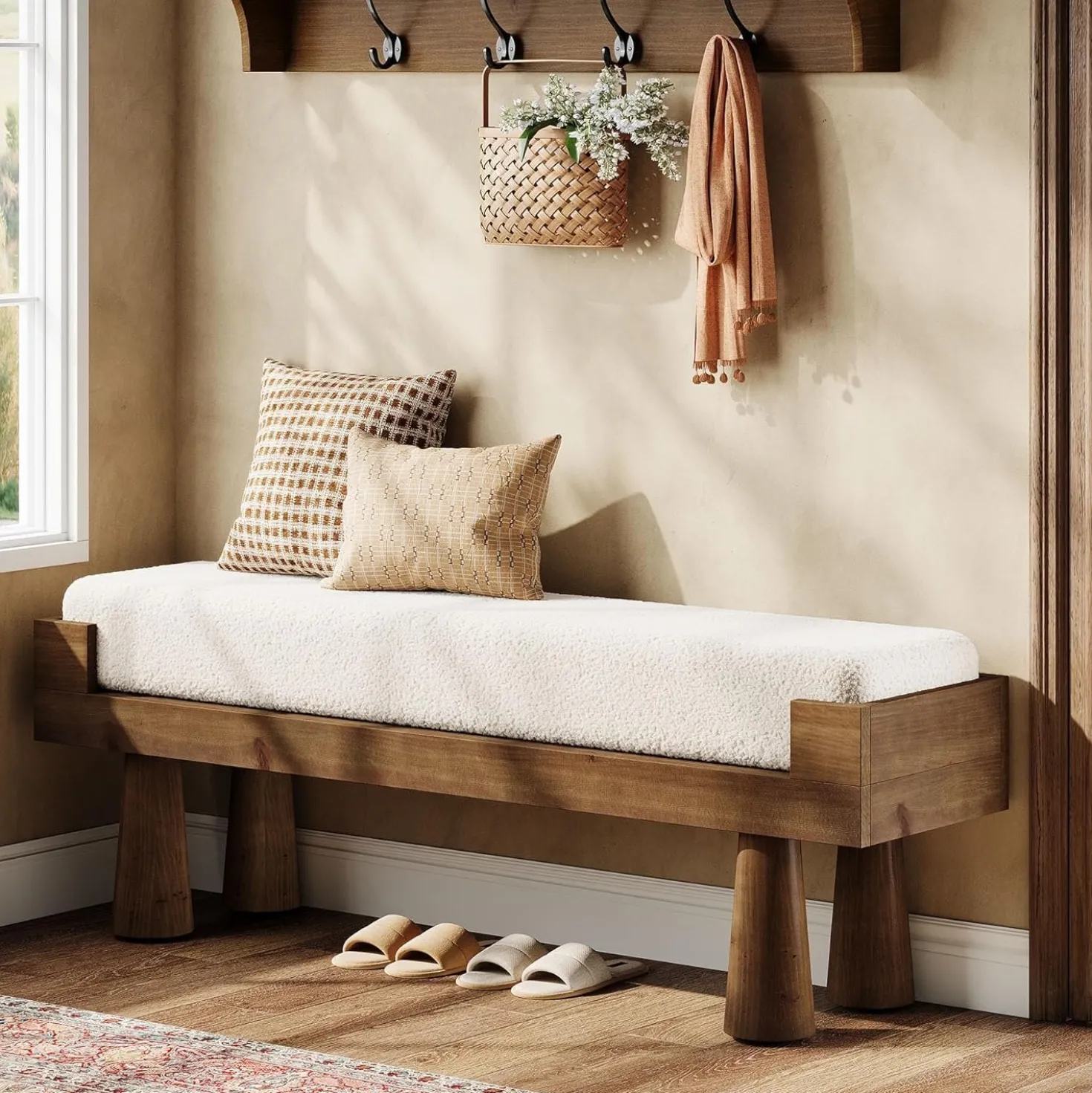 Upholstered Entryway Bench, Shoe Bench End of Bed Footstool with Solid Wood Legs
