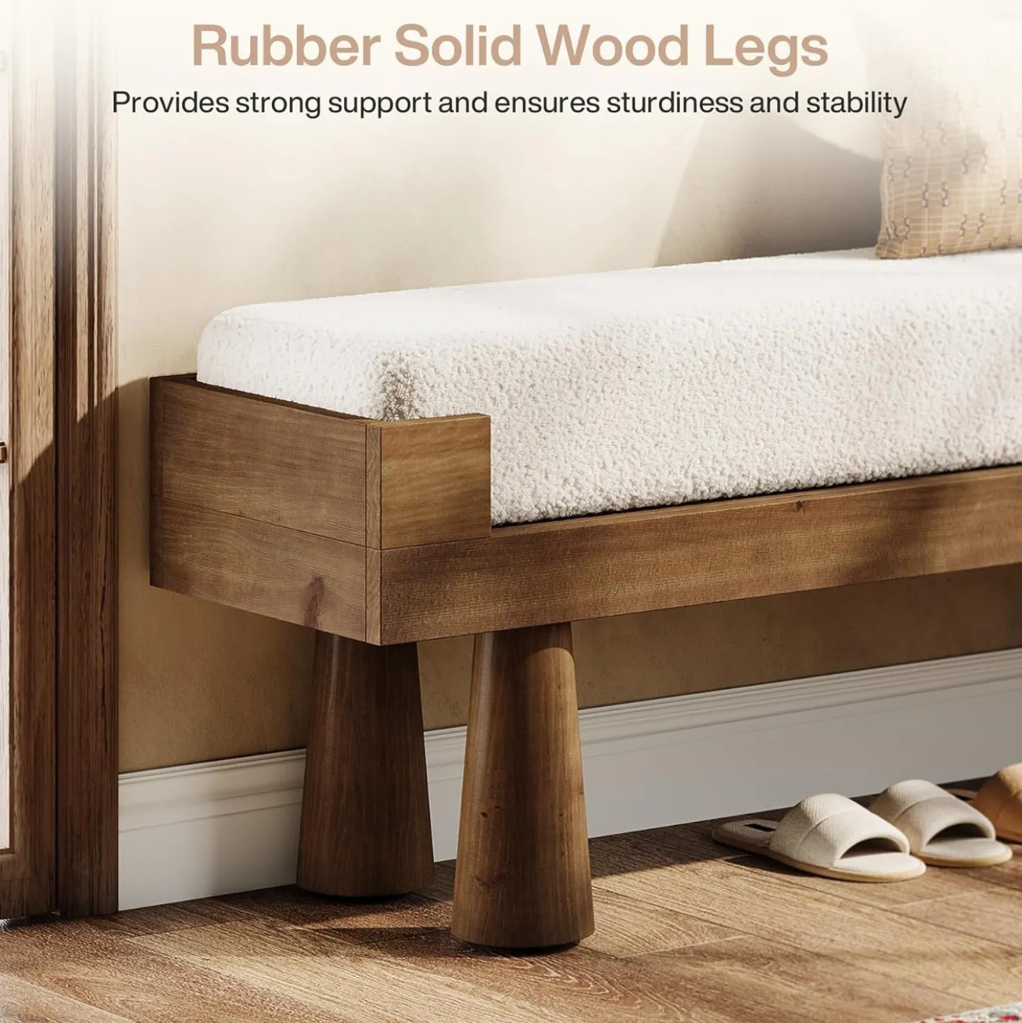 Upholstered Entryway Bench, Shoe Bench End of Bed Footstool with Solid Wood Legs