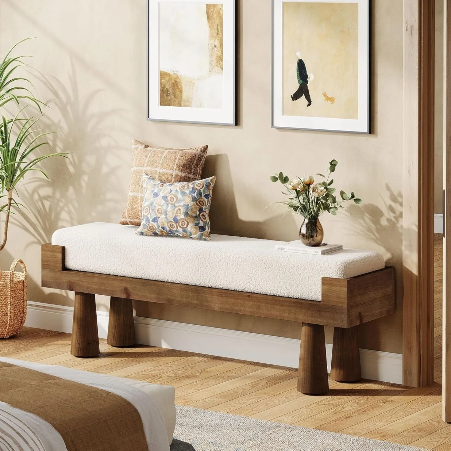 Upholstered Entryway Bench, Shoe Bench End of Bed Footstool with Solid Wood Legs