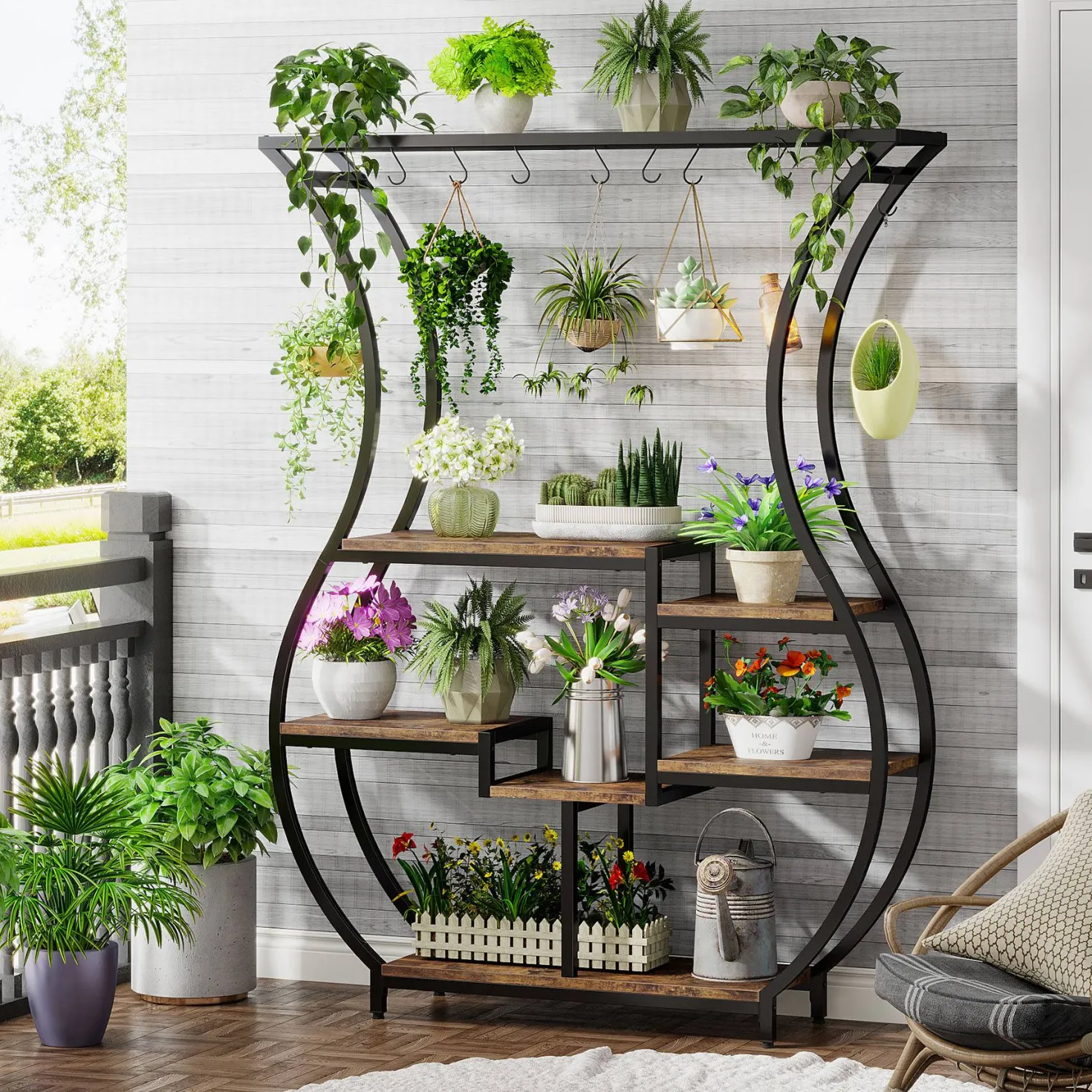 Vase-Shaped Plant Stand, 6-Tier Plant Display Rack with 10 Hanging Hooks
