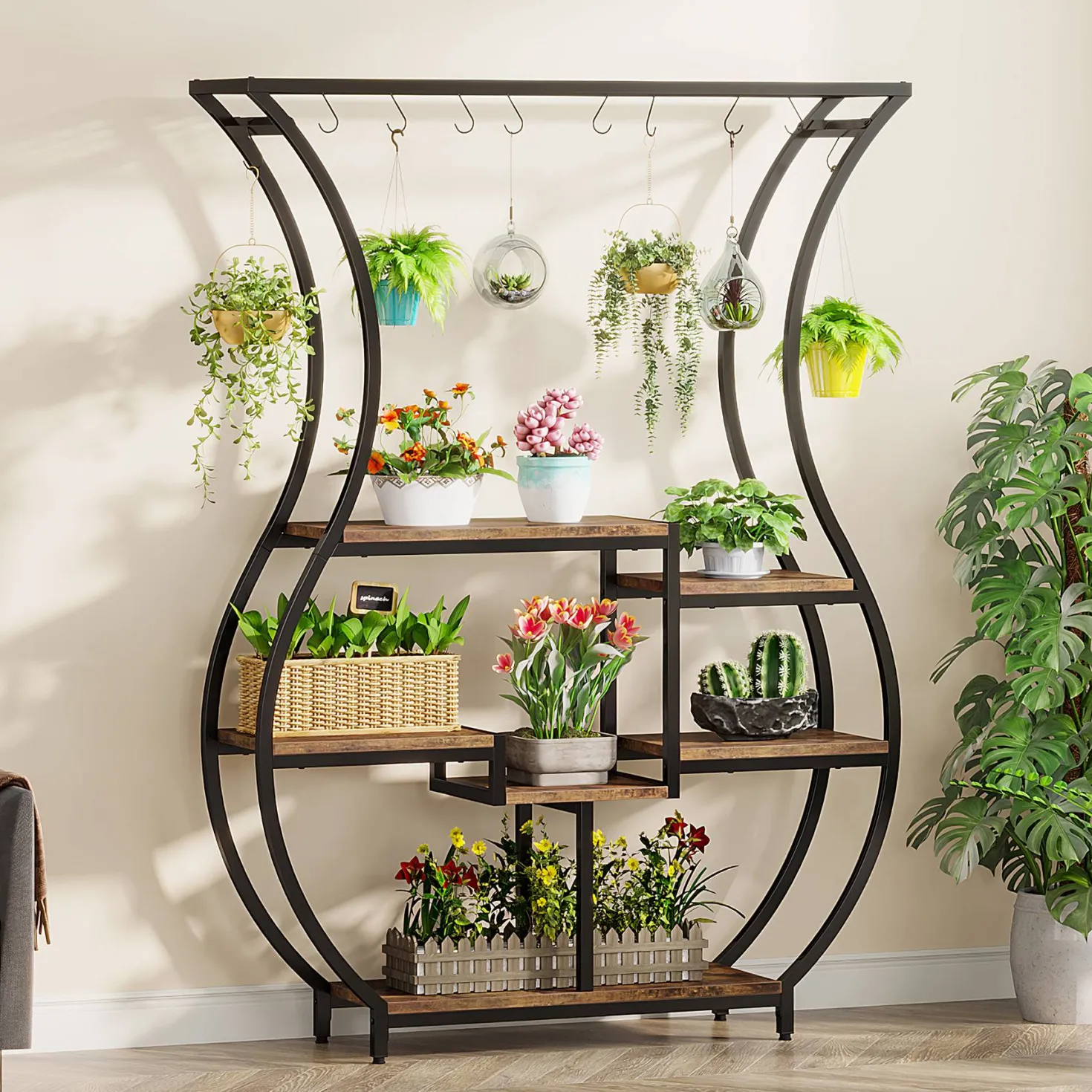 Vase-Shaped Plant Stand, 6-Tier Plant Display Rack with 10 Hanging Hooks