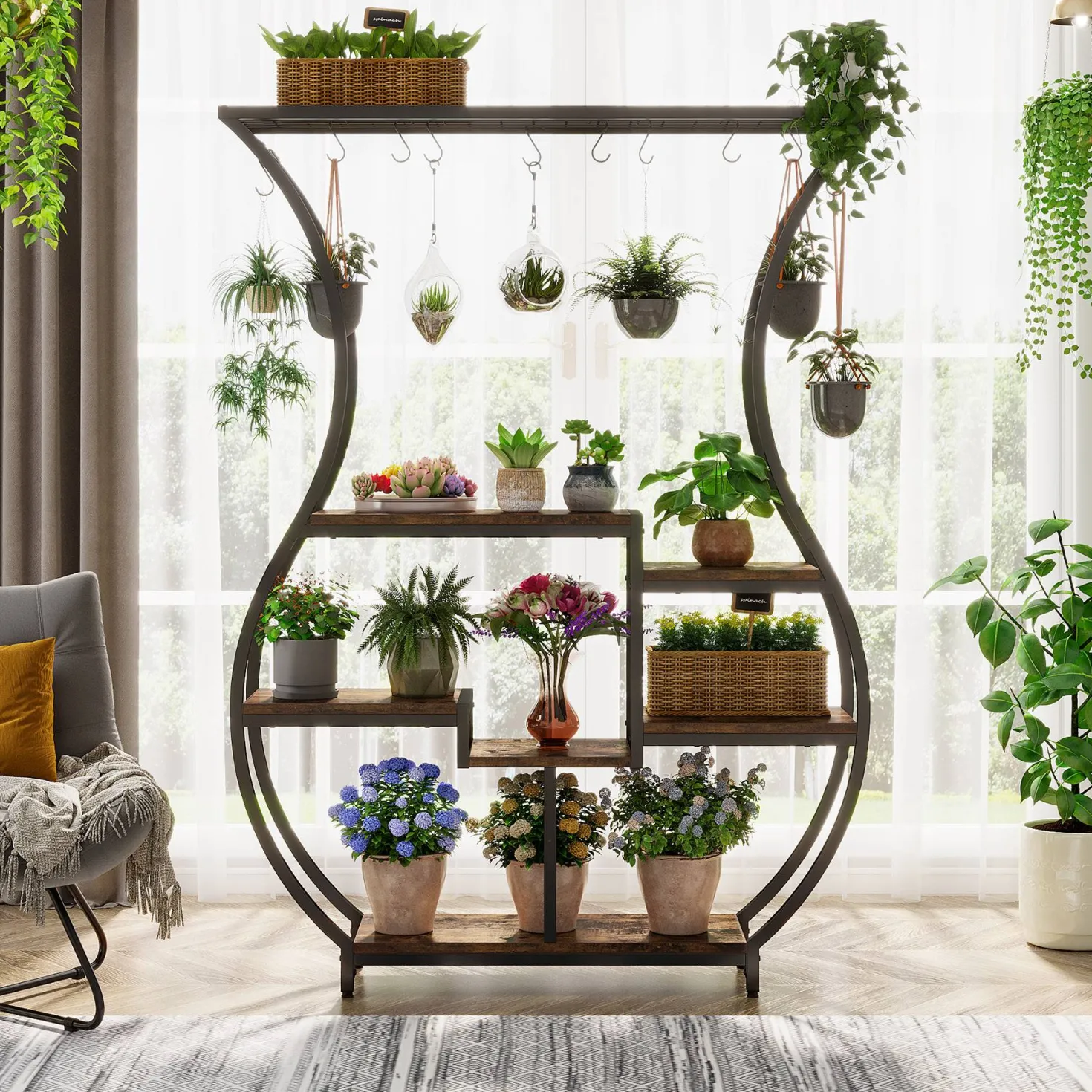 Vase-Shaped Plant Stand, 6-Tier Plant Display Rack with 10 Hanging Hooks