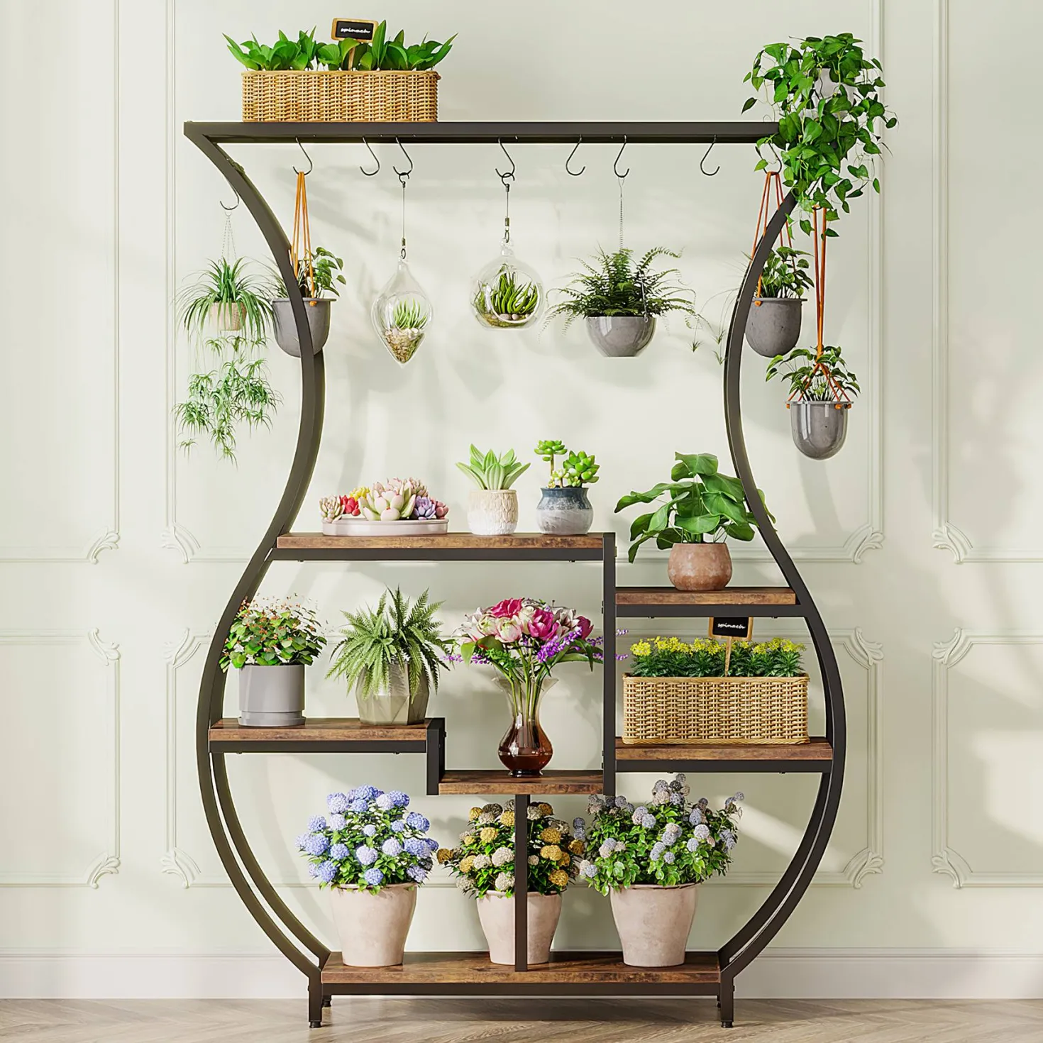 Vase-Shaped Plant Stand, 6-Tier Plant Display Rack with 10 Hanging Hooks