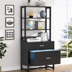 Vertical File Cabinet, 2 Drawers Filing Cabinet with Open Shelves