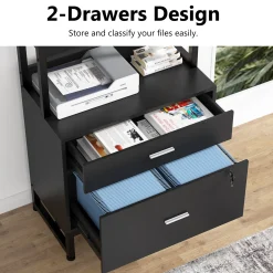 Vertical File Cabinet, 2 Drawers Filing Cabinet with Open Shelves