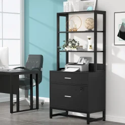 Vertical File Cabinet, 2 Drawers Filing Cabinet with Open Shelves