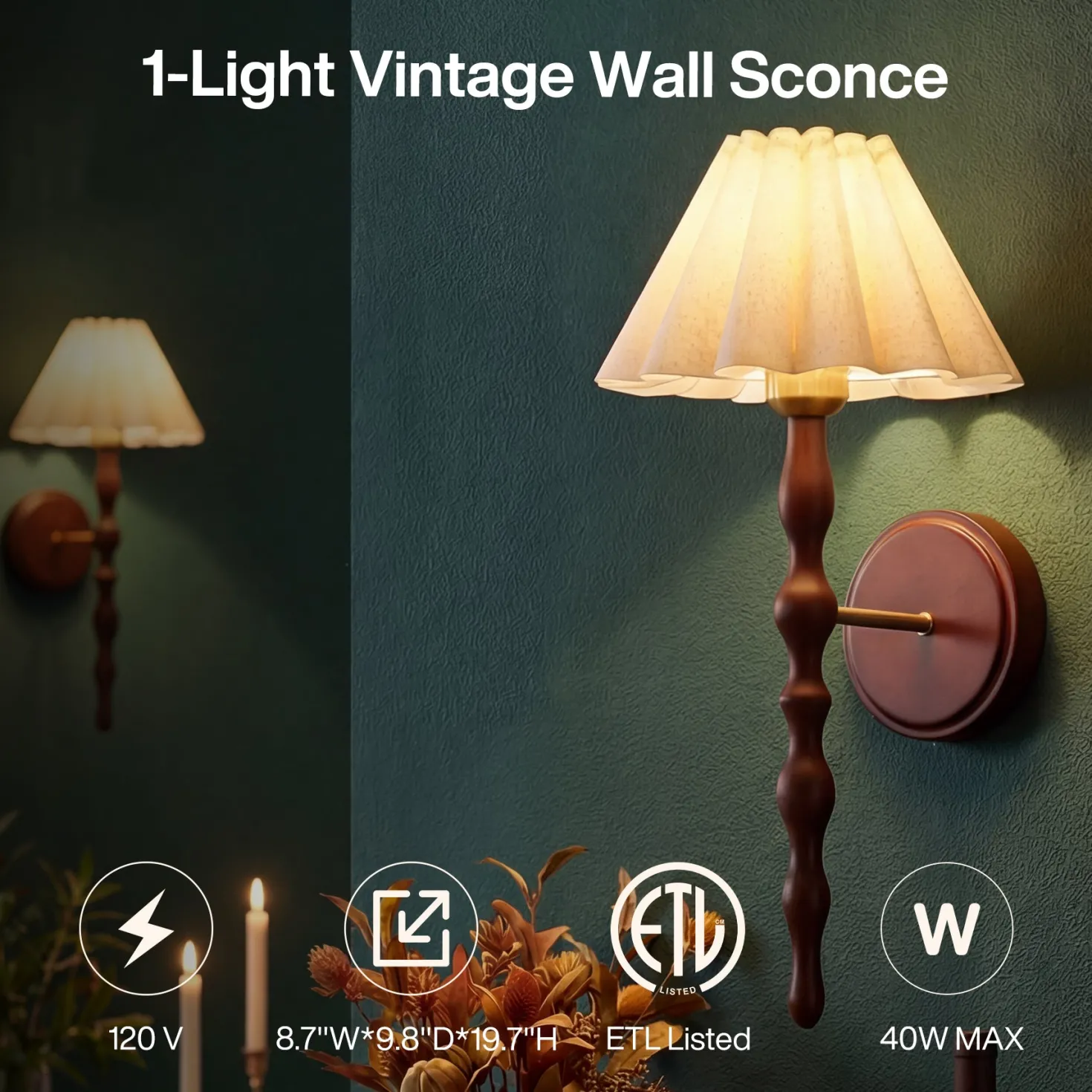 Vintage Wall Sconce, 19.7" 1-Light Wall Lamp with Faux Wood Metal Arm