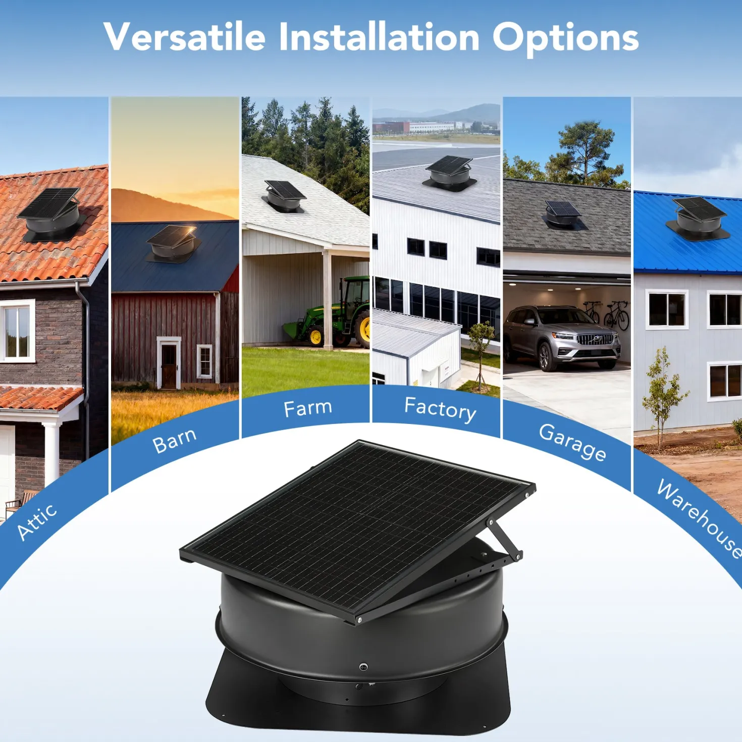 50W Solar Attic Fan with 2500 CFM & Smart Thermostat / Humidity / Smoke Sensor(JBSF-350F)