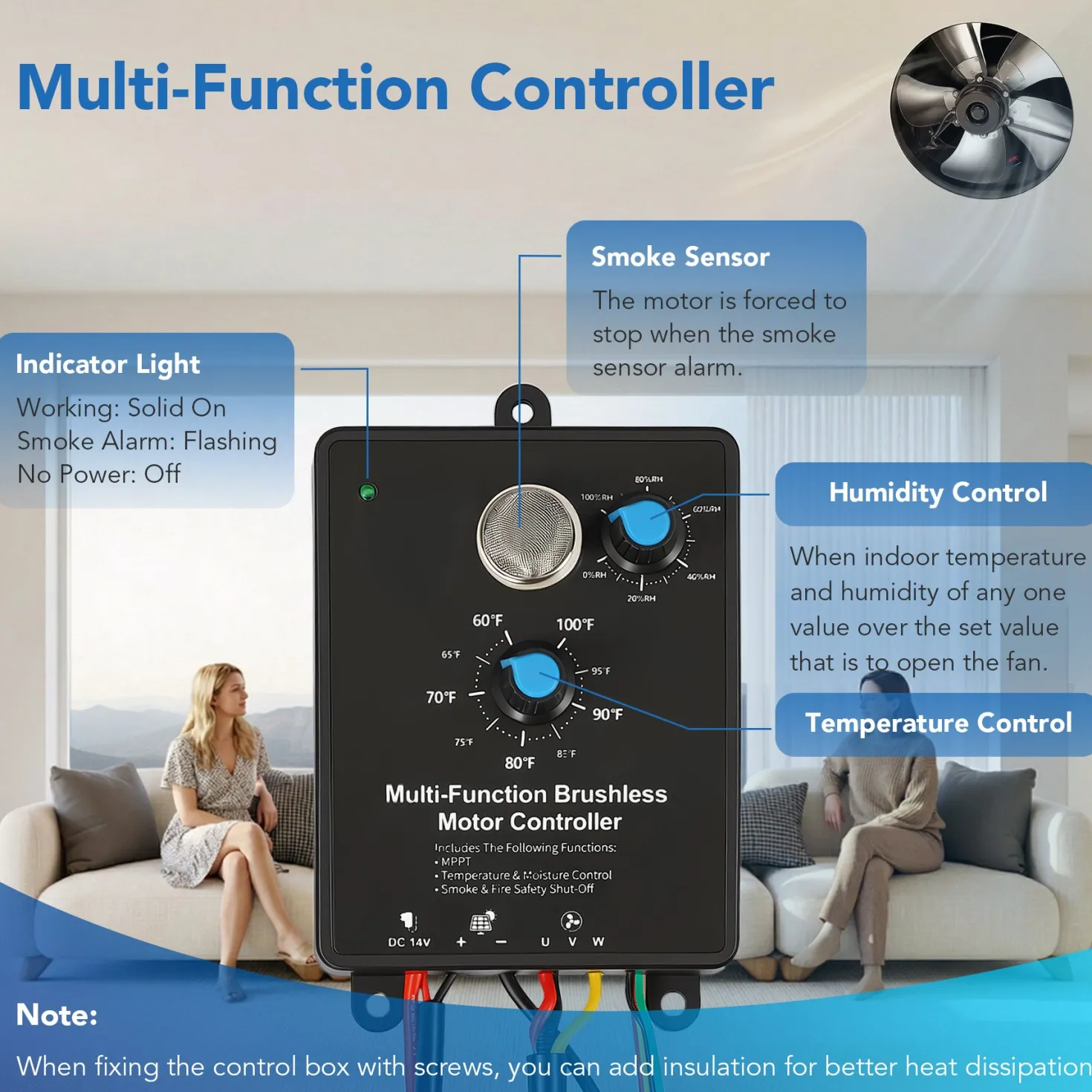 50W Solar Attic Fan with 2500 CFM & Smart Thermostat / Humidity / Smoke Sensor(JBSF-350F)