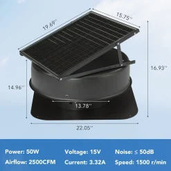 50W Solar Attic Fan with 2500 CFM & Smart Thermostat / Humidity / Smoke Sensor(JBSF-350F)