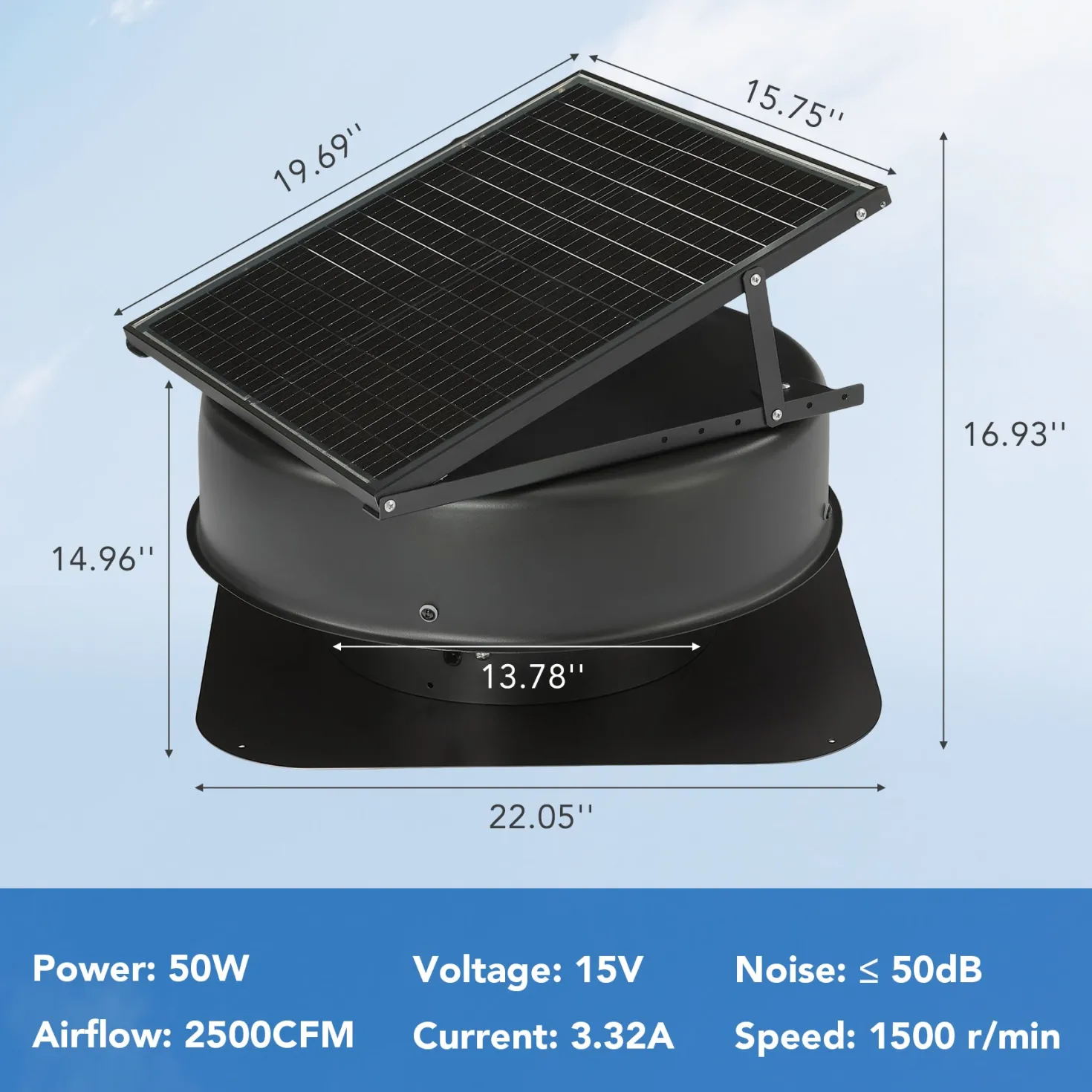 50W Solar Attic Fan with 2500 CFM & Smart Thermostat / Humidity / Smoke Sensor(JBSF-350F)