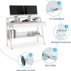 White Computer Desk, 47" Writing Desk with Storage Shelf & Drawers