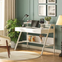 White Computer Desk, 47" Writing Desk with Storage Shelf & Drawers