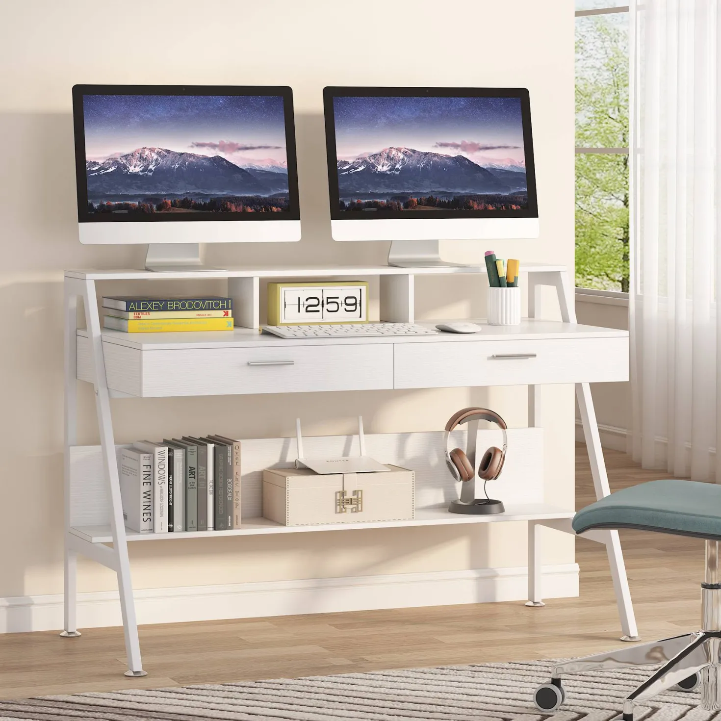 White Computer Desk, 47" Writing Desk with Storage Shelf & Drawers