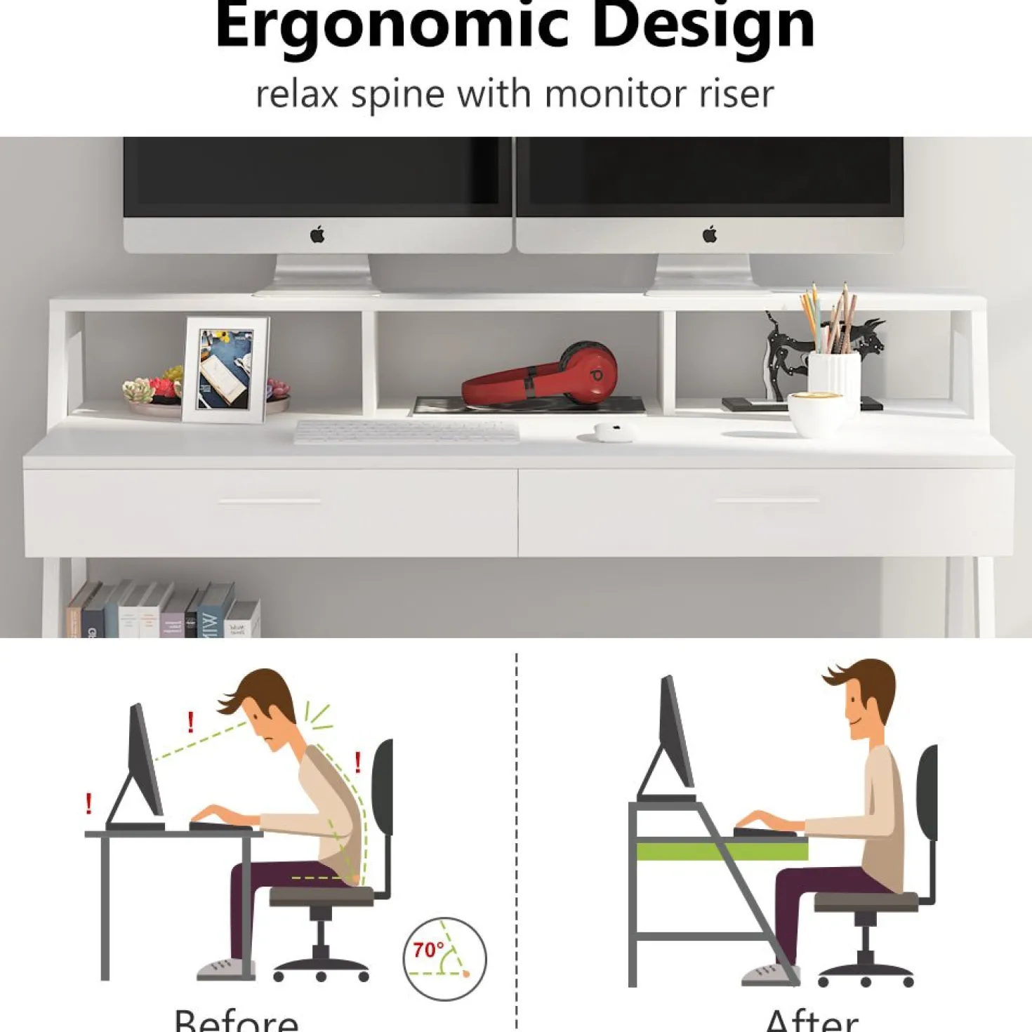 White Computer Desk, 47" Writing Desk with Storage Shelf & Drawers