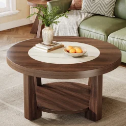 Wood Coffee Table, Round 2-Tier Accent Center Table