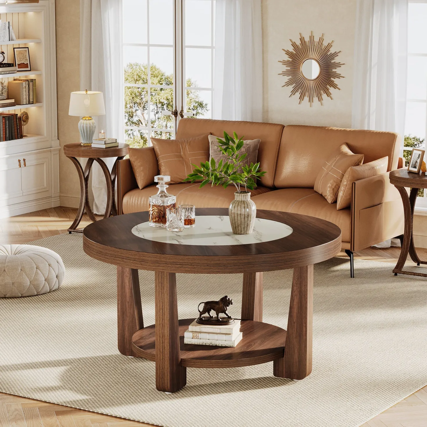 Wood Coffee Table, Round 2-Tier Accent Center Table