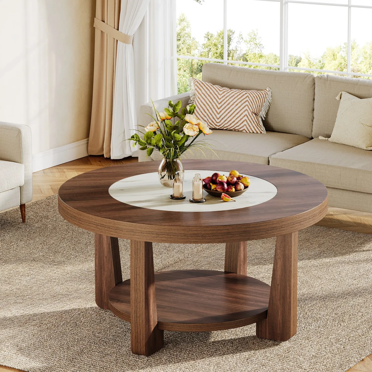 Wood Coffee Table, Round 2-Tier Accent Center Table