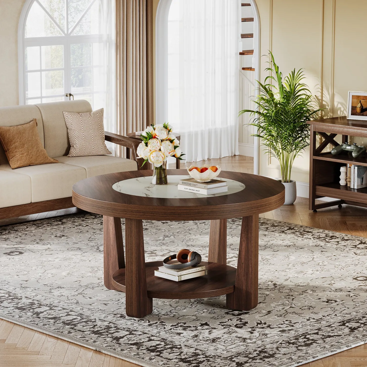 Wood Coffee Table, Round 2-Tier Accent Center Table