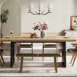 Wood Dining Table, 70" Rectangular Kitchen Table for 6-8 People