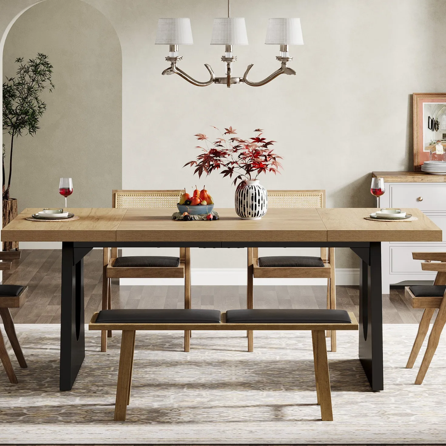 Wood Dining Table, 70" Rectangular Kitchen Table for 6-8 People
