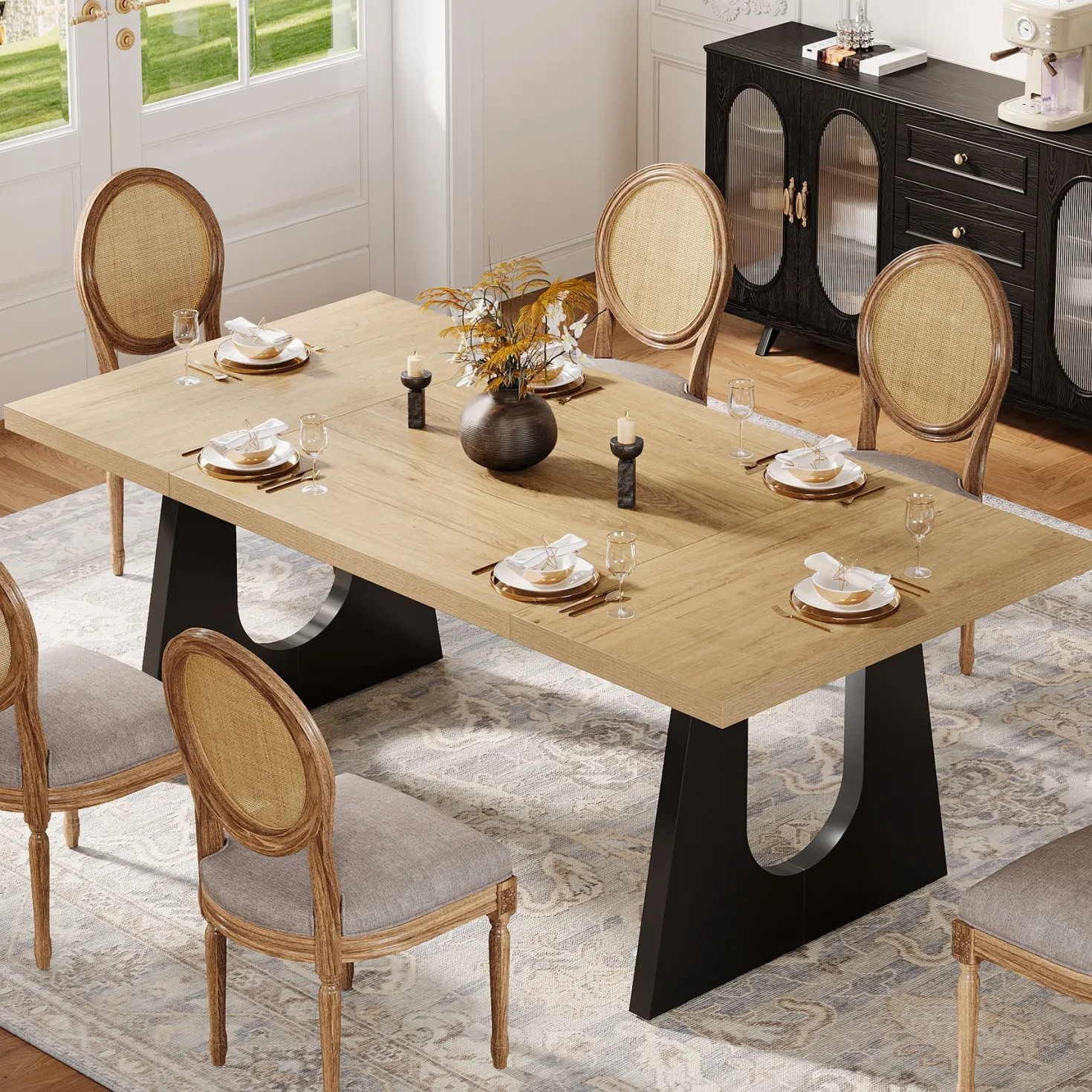 Wood Dining Table, 70" Rectangular Kitchen Table for 6-8 People