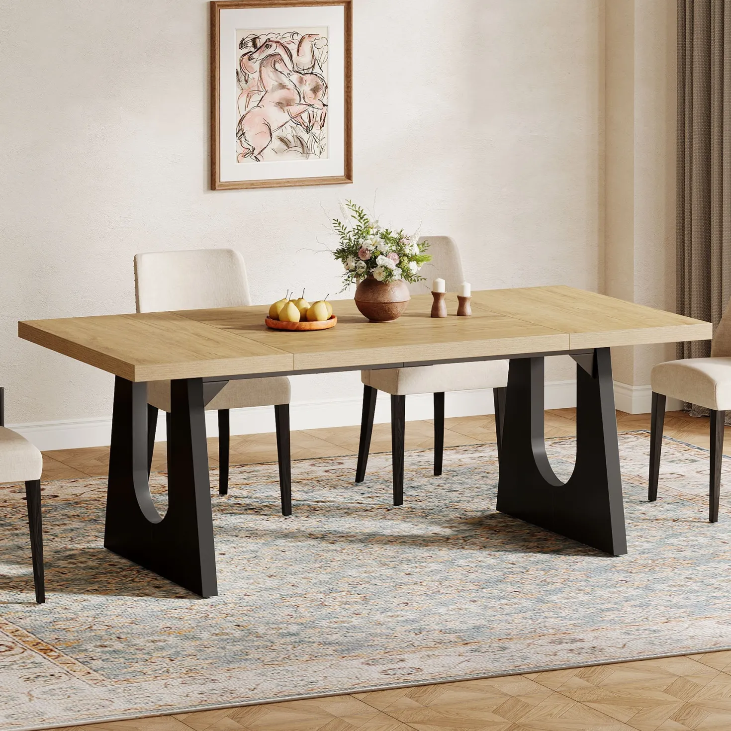 Wood Dining Table, 70" Rectangular Kitchen Table for 6-8 People